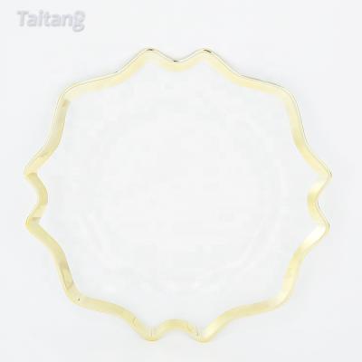 China Viable Rim Glass Plates Wedding Party Clear Gold Charger Glass Dishes With Gold Rim for sale