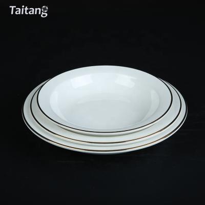 China Hotel Sustainable Restaurant Taitang Soup Dish Deep White Gold Rim Dinner Ceramic Deep Plate for Salad Pasta for sale