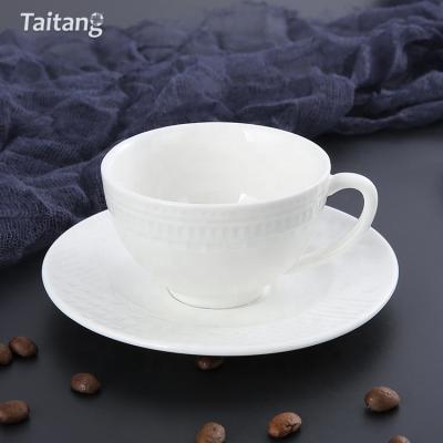 China Sustainable Restaurant 100Ml 200Ml Relief Coffee Cup And Saucer Set White Ceramic Relief Coffee Cup Porcelain for sale