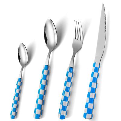 China Best Stainless Steel Durable High Quality Modern Spoon Handle Knife Fork And Plastic Spoon Dinnerware Set With Handle Multicolor for sale