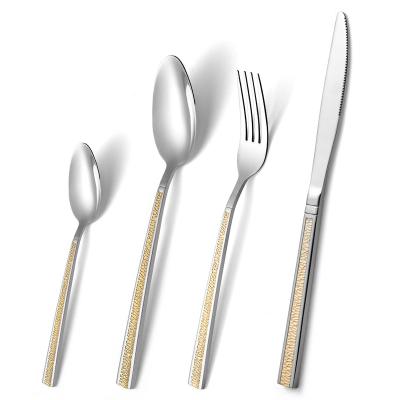 China Durable High Quality Stainless Steel Western Square Bulk Style Long Handle Knife, Fork and Spoon Dinnerware Set, Handle Embossed Pattern for sale