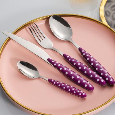 China High Quality Viable Stainless Steel Handle Spotted Plastic Knife, Fork and Spoon Dinnerware Set Multi Color Spoon Handle for sale