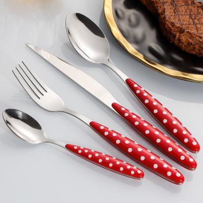 China Best viable modern spotted plastic handle stainless steel handle knife, multicolor fork andspoon tableware set gift box packing handle for sale