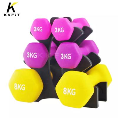 China Comfortable Wholesale cast iron Dumbbell vinyl neoprene colorful coated 0.5~10KG dumbbell set with high quality box dumbbell with rack for sale