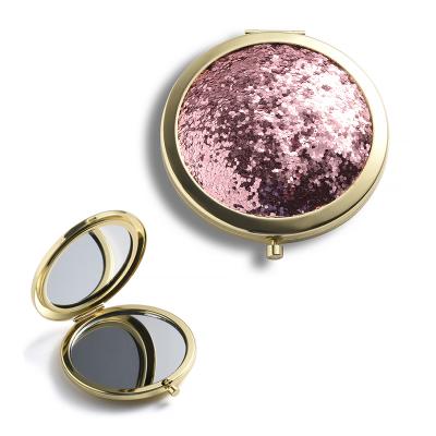 China Hot Selling Lit Glitter Ball Shape Small Mirror Compact Mirror Bling Gold Metal Private Logo Mirror for sale