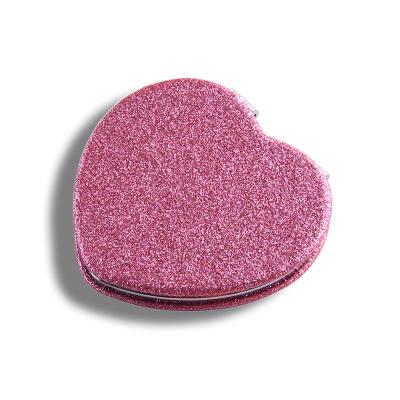 China Custom Leather Double Sided Heart Shaped Compact Mirror Logo Pink Glitter PU Heart Mirror for Valentine's Day for sale