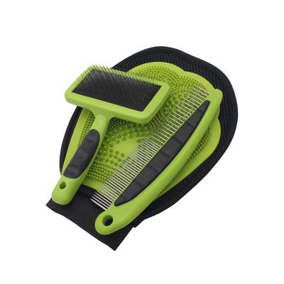 China Stocked 3 in 1 Dog Grooming Kit Self Cleaning Pet Brush Set Pet Hair Remover Glove and Comb for sale