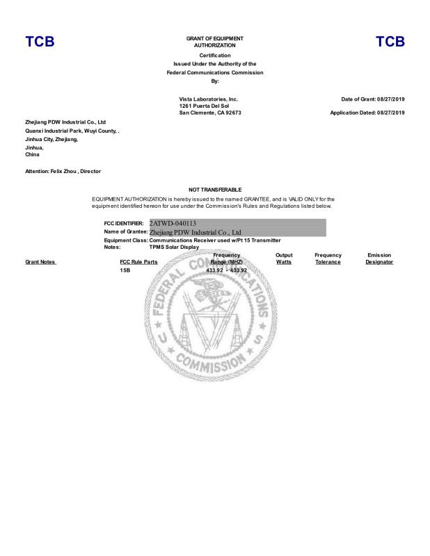 FCC - Zhejiang PDW Industrial Co., Ltd.