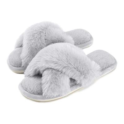 China Fashion Trend Custom Women's Cross Stripe Furry Slippers Bedroom Shoes Indoor Outdoor Home Slippers Comfortable Fur Slipper for sale