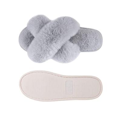 China Fashion Trend Comfortable Furry Women's Comfortable Fuzzy Slippers Cross Band Soft Plush Bedroom Shoes Furry Open Toe Slippers for sale