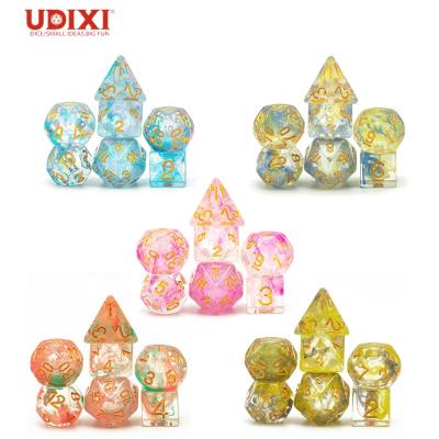 China Resin Plastic Udixi Custom Logo Engraved Colorful Resin Cube Dice Game Set Swirl Dungeons And Shimmer Dragons for sale