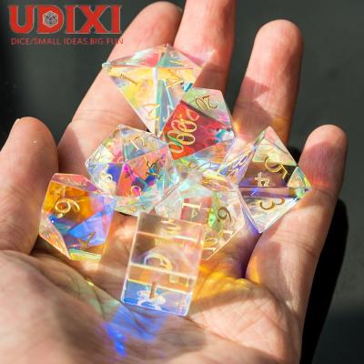 China Crystal Gemstone Udixi Rainbow RPG DND Gemstone Dice Set For Board Or Card Games for sale