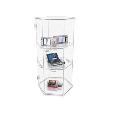 China Luxury Hexagon 3 Tiers Phone Watch Display Cabinet With Clear Acrylic Lock Display Case WU376 for sale