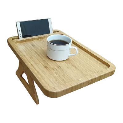 China Sustainable Portable Stable Clip On Sofa Table Tray Bamboo Couch Arm Serving Tray For Eating And Drinking for sale