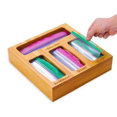 China Viable Magnetic Wooden Baggie Storage Organizer Bamboo Kitchen Gallon Quart Snack and Sandwich Bags Dispenser for Drawer for sale