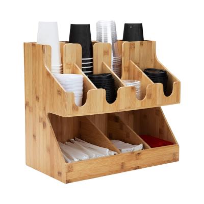 China Viable High Quality Compartment Tea Bag Organizer Breakroom Upright Station Coffee Paper Cup Storage Bamboo Rack for sale