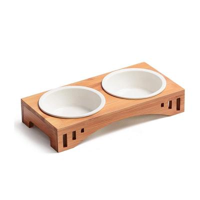 China Premium Detachable Bamboo Pet Feeding Stand Viable Double Pet Bowl Holder Pet Feeder For Dog Cat for sale