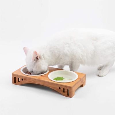 China Size And Design Sustainable Dog Cat Pet Water Feeder Double Bowl Frame Custom Bamboo Stand for sale