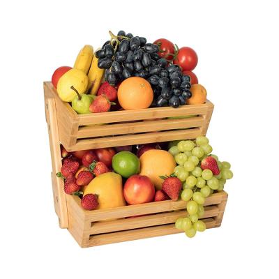 China Sustainable 2 Tier Bamboo Fruit Rack Countertops Kitchen Fruit Basket Rack For Vegetables for sale