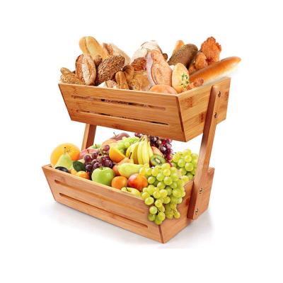 China Custom Sustainable Bamboo Wooden Fruit Basket Bread Storage Display Stand 2-Tier Vegetable Rack for sale