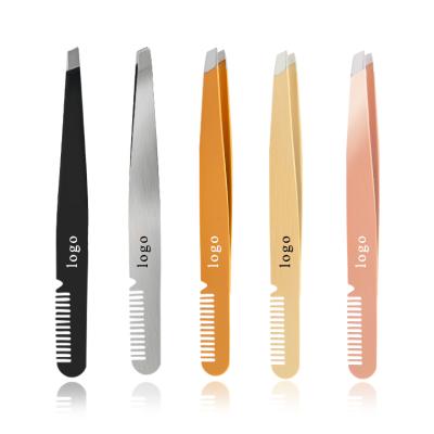 China With Comb Wholesale Eyebrow Tweezers With Comb Stainless Steel Slant Eyebrow Tweezers With Private Label for sale