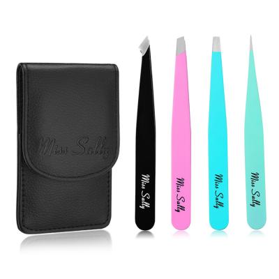 China Portable Private Custom Pink Black Eyebrow Eyelash Logo 4pcs/set Stainless Steel Flat Slanted Pointed Tweezers Set for sale