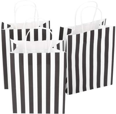 China Recyclable 8x4.75x10.5 Inch Stripe Kraft Paper Bag Retail Shopping Bag Black Gift Packaging Bag for sale