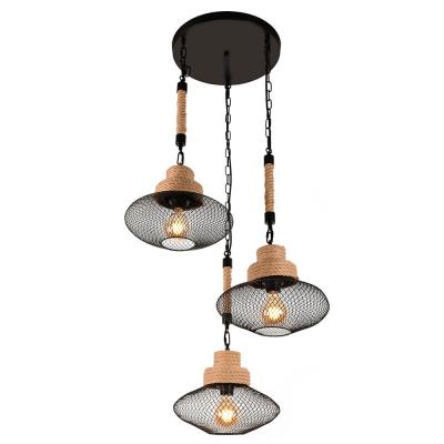 China Modern Decoration Indoor Lighting Manufacturers Selling Indoor Cage Black Iron Chandelier Rope Industrial Hemp Pendant Lamp For Living Room for sale