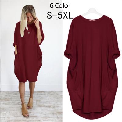 China Drop Shipping Breathable Women O Neck Tee Dresses Short Sleeve T Shirt Dress With Casual Pocket Design Plus Size Casual Dress Women for sale