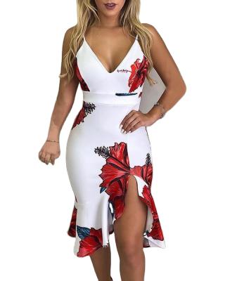 China 2021 Summer Breathable Office Lady Hot Selling Floral Printing Women's Dresses Dresses Women's Deep V-Neck Pencil Dress for sale