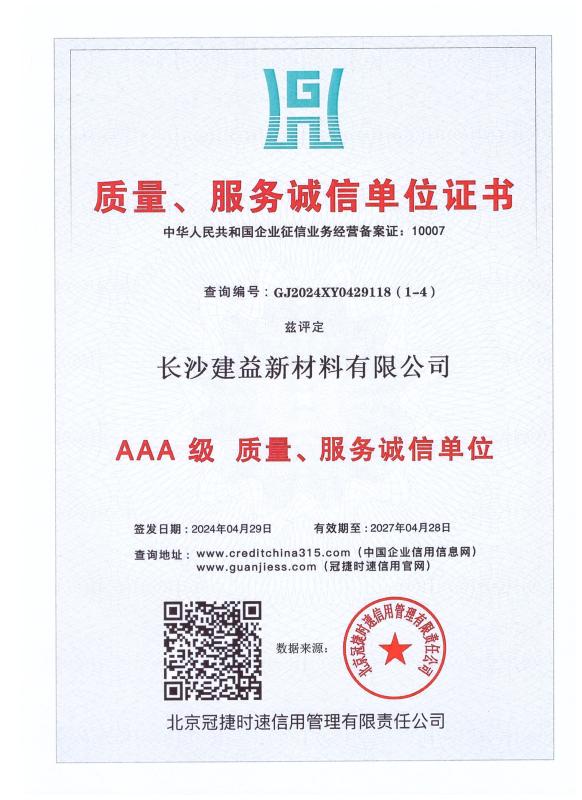 Quality and Service Integrity Unit Certificate - Changsha Jian-Yi New Material Co., Ltd.