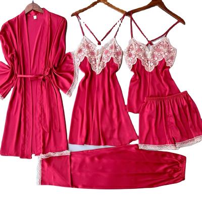 China 2022 Sexy Sleepwear Women Sleepwear Sex Nightgown Silk Sleep Dress Set 5 Pcs Breathable Faux Silk Pajama Set for sale