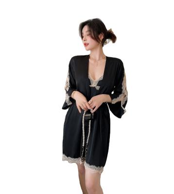 China Breathable Popular Two Pieces Lace Up Sex Long Robe Nightgown Sleepwear Women Satin Pajamas Sleepwear Set for sale