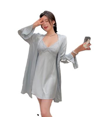 China Breathable Sexy Romantic Faux Plain Satin Women Summer Long Robe Polyester Silk Sleepwear for sale