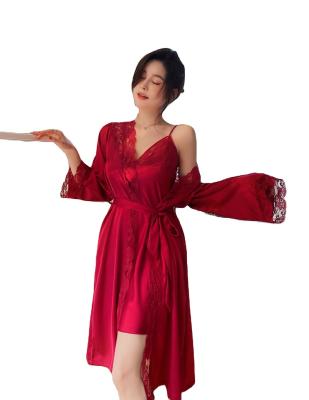 China New Designer Breathable 2 Piece Pajama Satin Set Romantic Sex Women Faux Silk Nightgown Sleepwear With Long Robe for sale