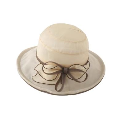 China New Lady Silk Church Bow Bucket Character Wedding Flower Wide Brim Beach Sun Straw Hat for sale