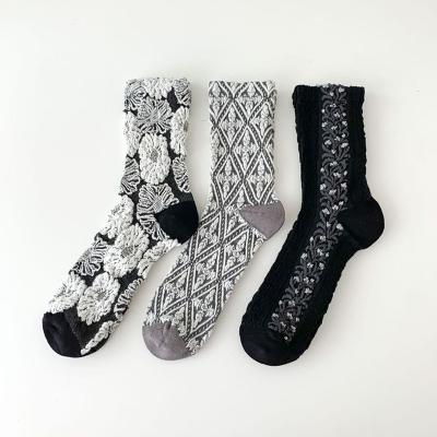 China Retro Relief 3D Sock Fashion Women Cotton Long Wool Breathable Japanese Lace Female Slouch Knitting Socks for sale