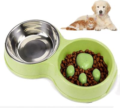 China Dual Dog Feeder Bowl Stainless Steel Anti-Clog Slow Puppy Food And Water Feeder Viable For Dog Cats for sale