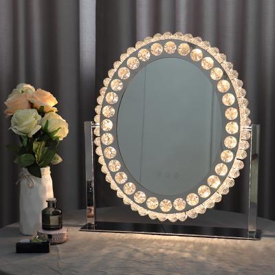 China Wholesale Diamond Hollywood Style Crystal Crushed Makeup Round Bright Touch Screen 360 Degree Rotate Makeup Cosmetic Led Mirror for sale