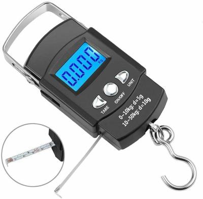 China 50kg 110lb Handy Digital Pocket Fishing Scale Portable Luggage Weighing With Measuring Tape 103*58*23mm for sale