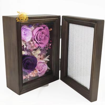 China Natual Contact 2021 New Design Canned Flower Wooden Open Photo Frame Two Doors Can Put 7 Inch Tanabata Photo For Valentine's Day Gi for sale