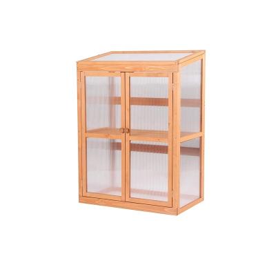 China Easily Assembled Small Wooden Mini Greenhouse Layers Chassis With Shelves for sale