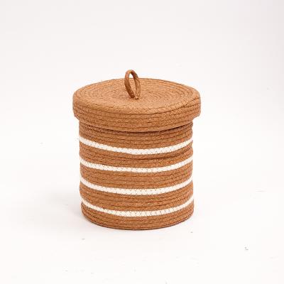 China Sustainable Wholesale Round Woven Decorative Storage Cotton Rope Basket With Lid for sale