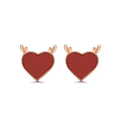 China Romantic Heart Shaped 18k Rose Gold Elk Agate Stud Earrings Women Christmas Red Romantic Earrings for sale