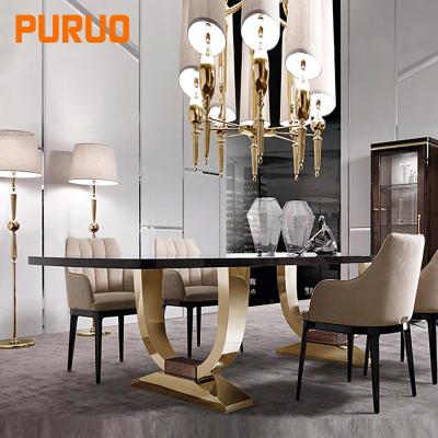 China Good quality Italian modern luxury glass style hot sale stainless steel dining table chair marble retangular base set for sale