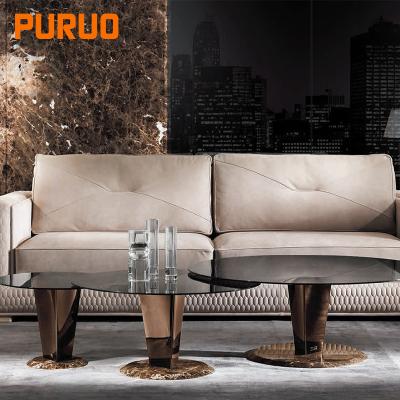 China HOT SALE PURUO High Quality Popular Modern Design Stainless Steel Table Top Luxury Glass Coffee Table for sale