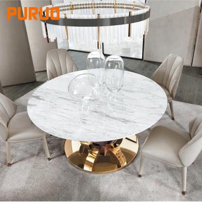 China PURUO New Design Luxury Convertible Furniture Gold Stainless Steel Base Wedding Round Dining Table Set 6 Chairs for sale