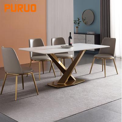 China PURUO Convertible Nordic Turkish Space Saving Stainless Steel Dining Table Luxurious Artificial Marble Base And Chairs for sale