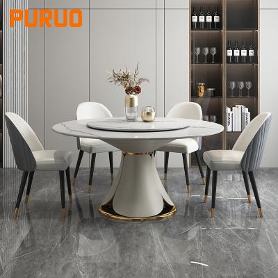 China New Design PURUO Dining Room Furniture Stainless Steel Tempered Glass Base Luxury Marble Top Cheap Round Dining Table for sale