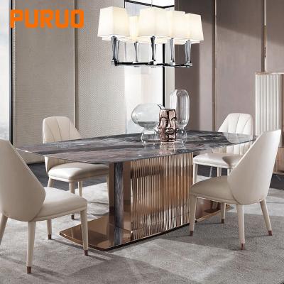 China New Design PURUO Dining Room Nordic Luxury Steel Wedding Restaurant Gold Leather Upholstered Dining Chairs for sale